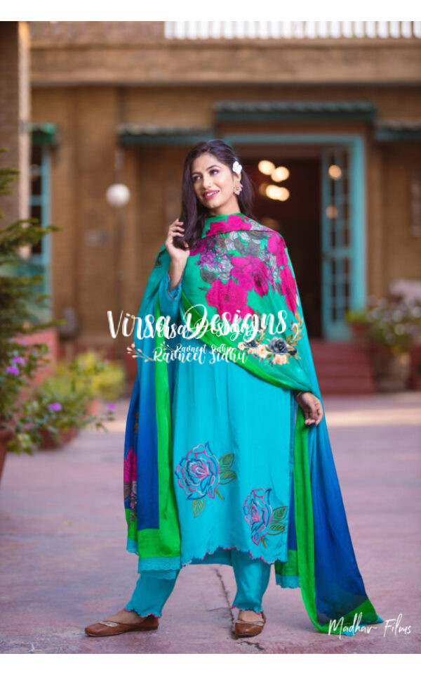 Turquoise Pure Crepe Embroidered Suits