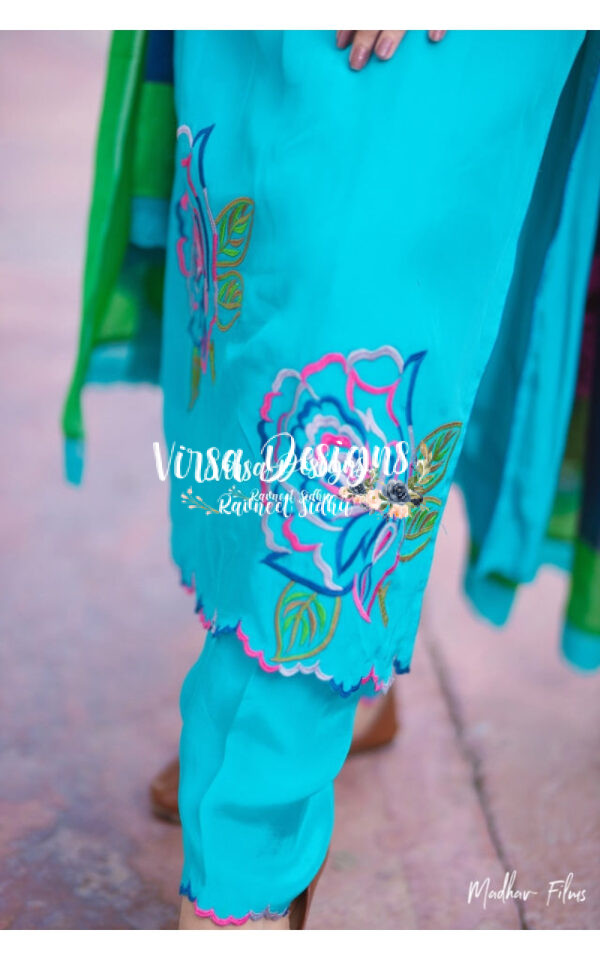 Turquoise Pure Crepe Embroidered Suits