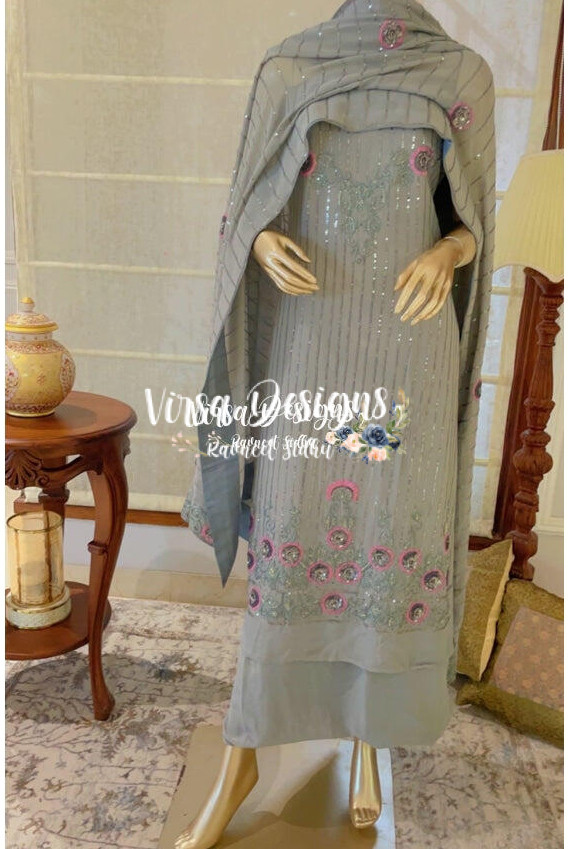 Grey Sequence Hand Embroidery Suit