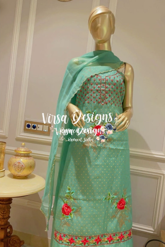 Greenish Blue Punjabi embroidery suit