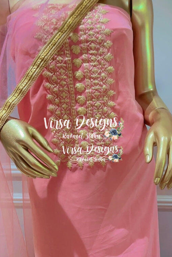 Pink Georgette Punjabi Suit Neck Design