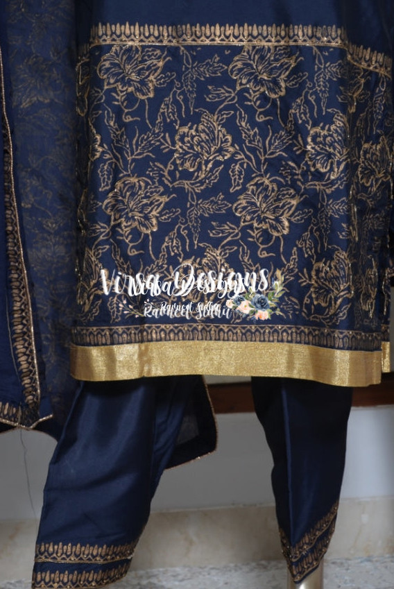 Navy Blue Dupian Silk Block Print Suit